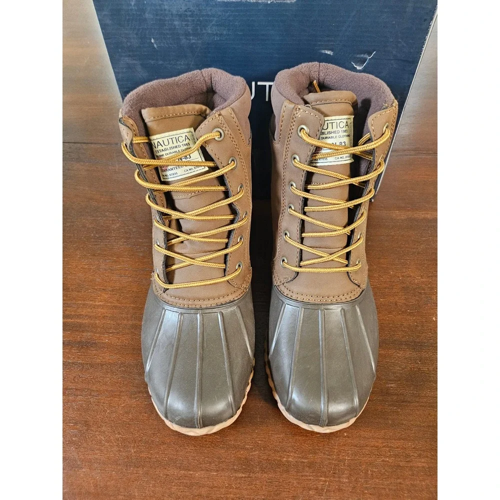 Nautica Duck Boots Men Size 10 Brown Lace Up N-83 All Weather Waterproof Shell
